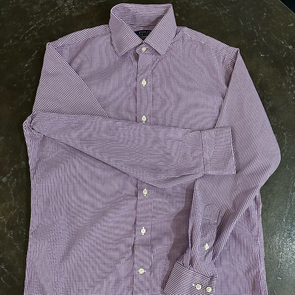 Polo Ralph Lauren Purple White Checked Dress Button Down Shirt Mens‎ - 15, 32/33